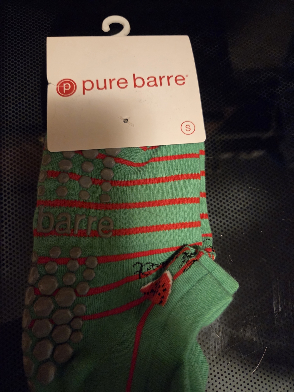 SMALL NWT Pure Barre Green and Red Striped Grip Ankle Socks